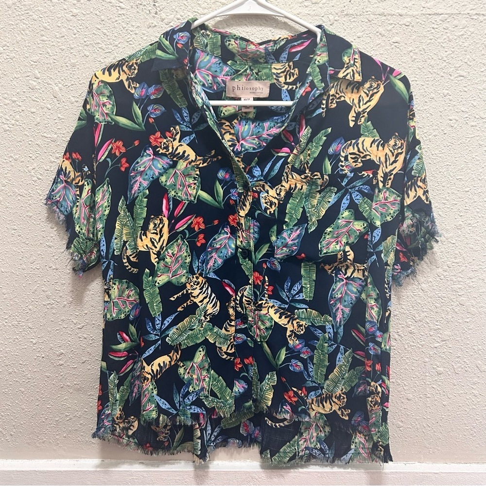 Philosophy Fray hem Button Down Shirt Midnight Tiger Tropical Print XS